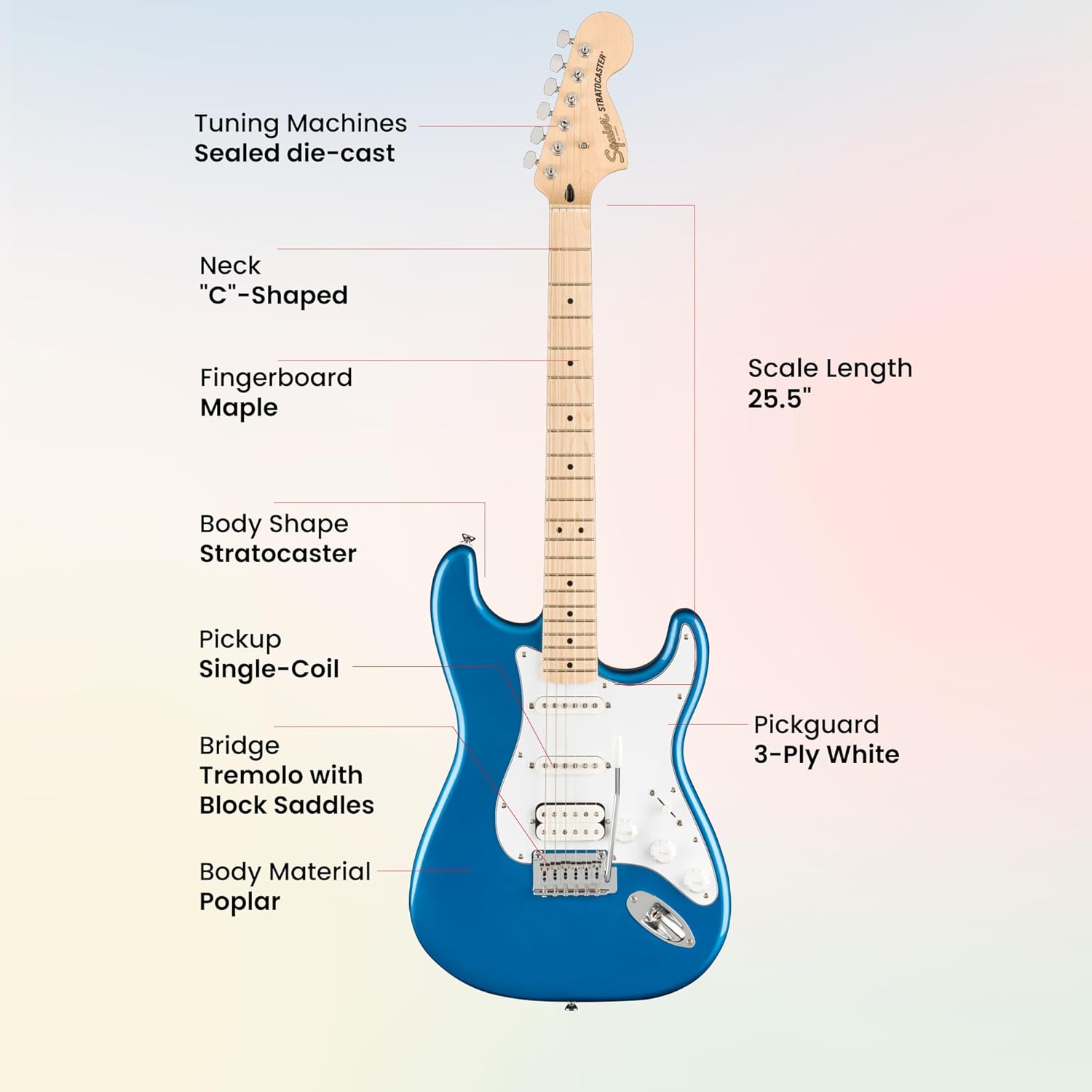 Fender Squier Affinity Stratocaster HSS - Lake Placid Blue Bundle with Frontman 15G Amplifier, Instrument Cable, Gig Bag, Tuner, Strap, Picks, and Austin Bazaar Instructional DVD