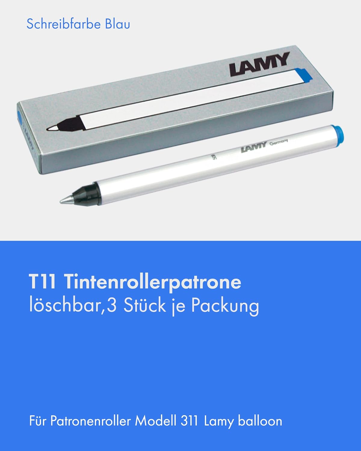 LAMY T11 Rollerball Pen Cartridges Set of 24 with Large Ink Supply and Stainless Steel Tip in Blue (Erasable) for Cartridge Roller Ball Model 311 Lamy Balloon - 72 Refills