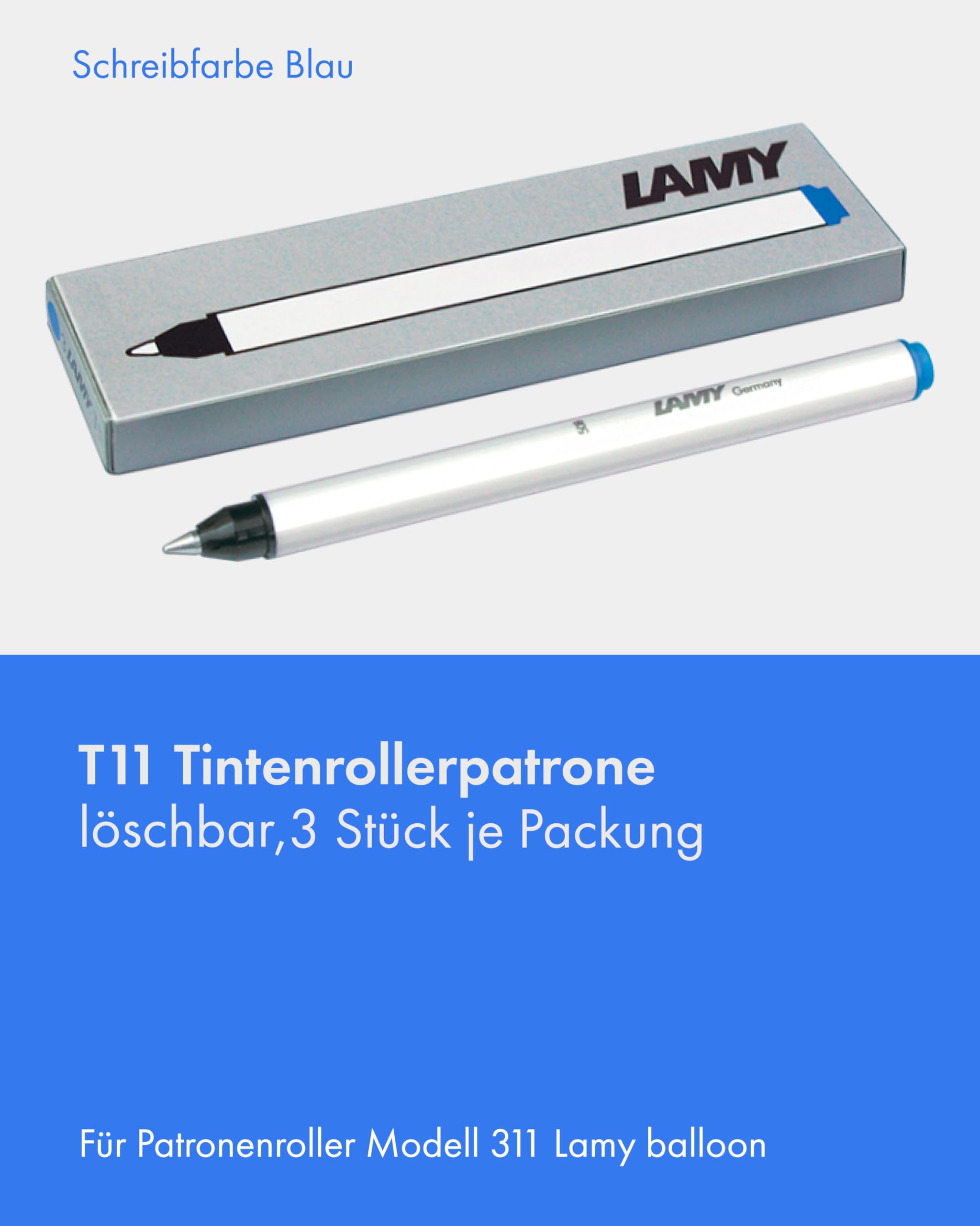 LAMY T11 Wkład do długopisu kulkowego, zestaw 24 szt. z dużym zapasem atramentu i końcówką do pisania ze stali nierdzewnej w kolorze niebieskim (zmywalnym) do długopisu kulkowego model 311 Lamy