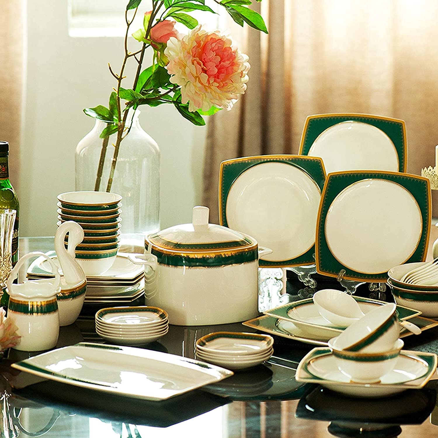 Service d'assiettes à Manger carrées en grès, 58 pièces, Service de Table en Porcelaine Tendre, Service pour 6 à 10 Personnes