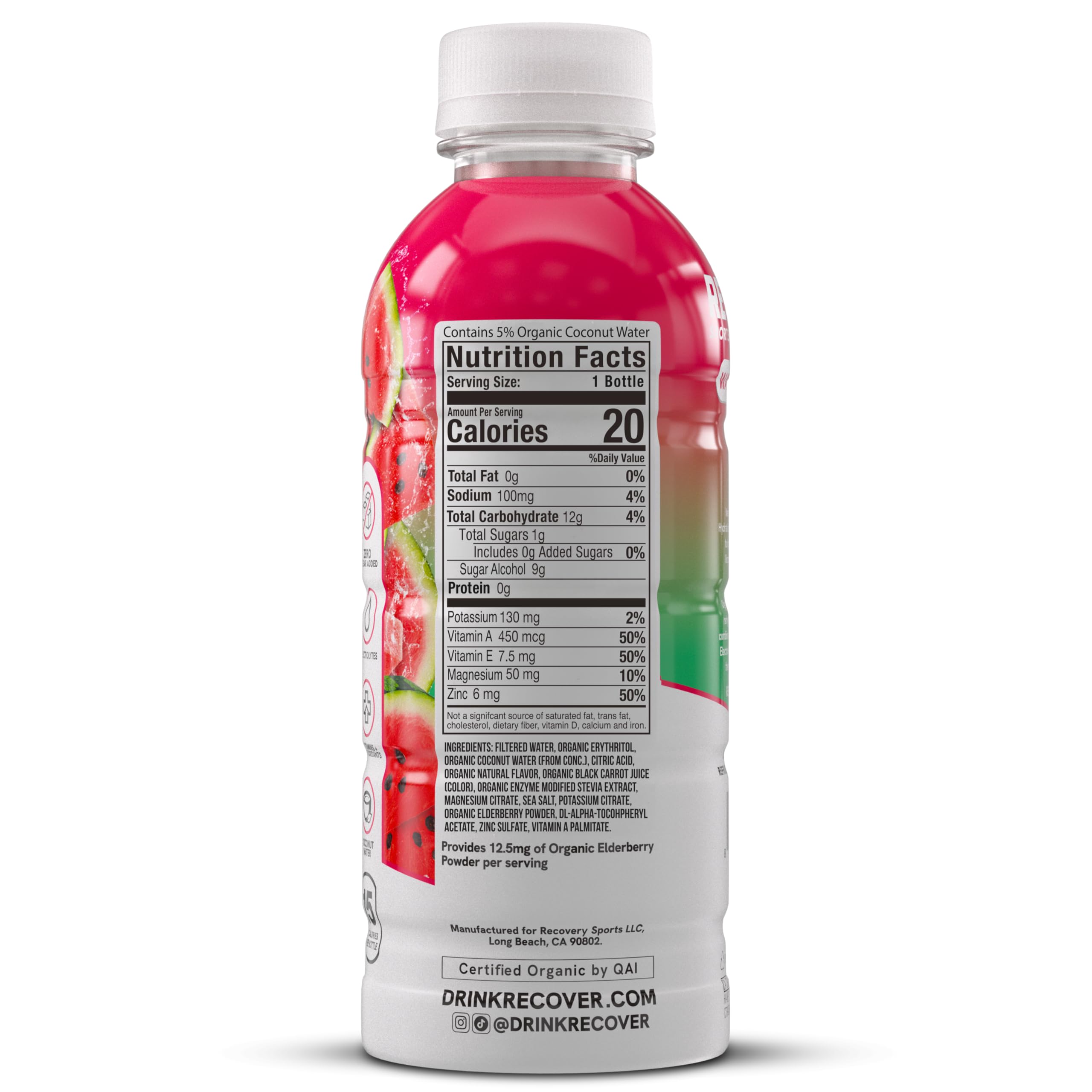 RECOVER 180 Organic Sports Hydration Drink, No Sugar Added, 20 Calorie Sports Beverage, Organic Flavors With Vitamins, Potassium-Packed Electrolytes (16.9 Fl Oz (Pack of 12), Watermelon)