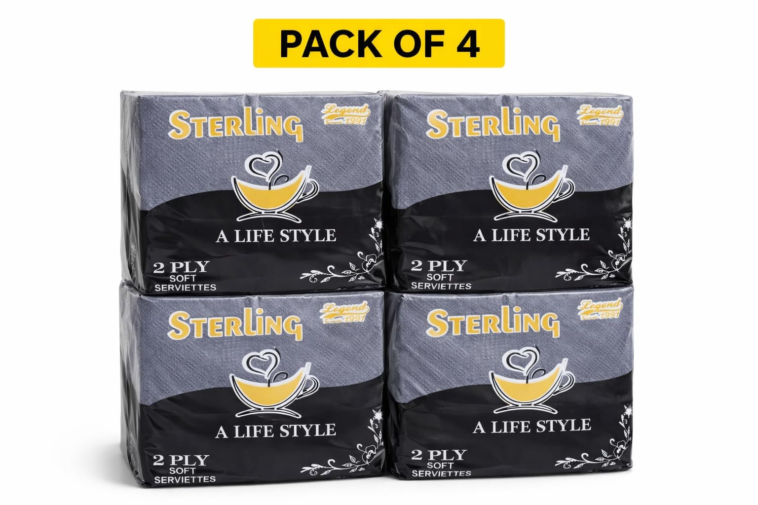 Sterling Elite 2 Ply Soft Tissue Serviettes, Black, Pack of 4, 100% Virgin Plantation Pulp, 27 cm x 30 cm, 45 Pcs 3