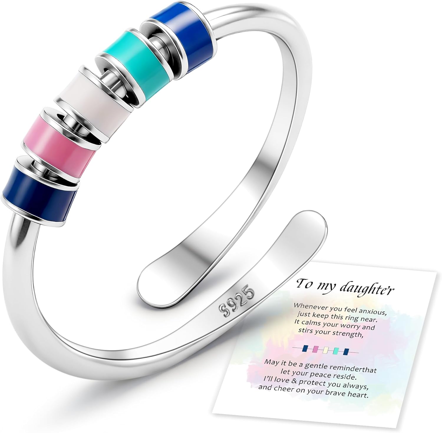 Senteria Fidget Ring for Anxiety Women Adjustable 925 Sterling Silver Rings with Colorful Beads Stress Spinner Ring Birthday Valentines Day Gifts for Daughters with Box and Card