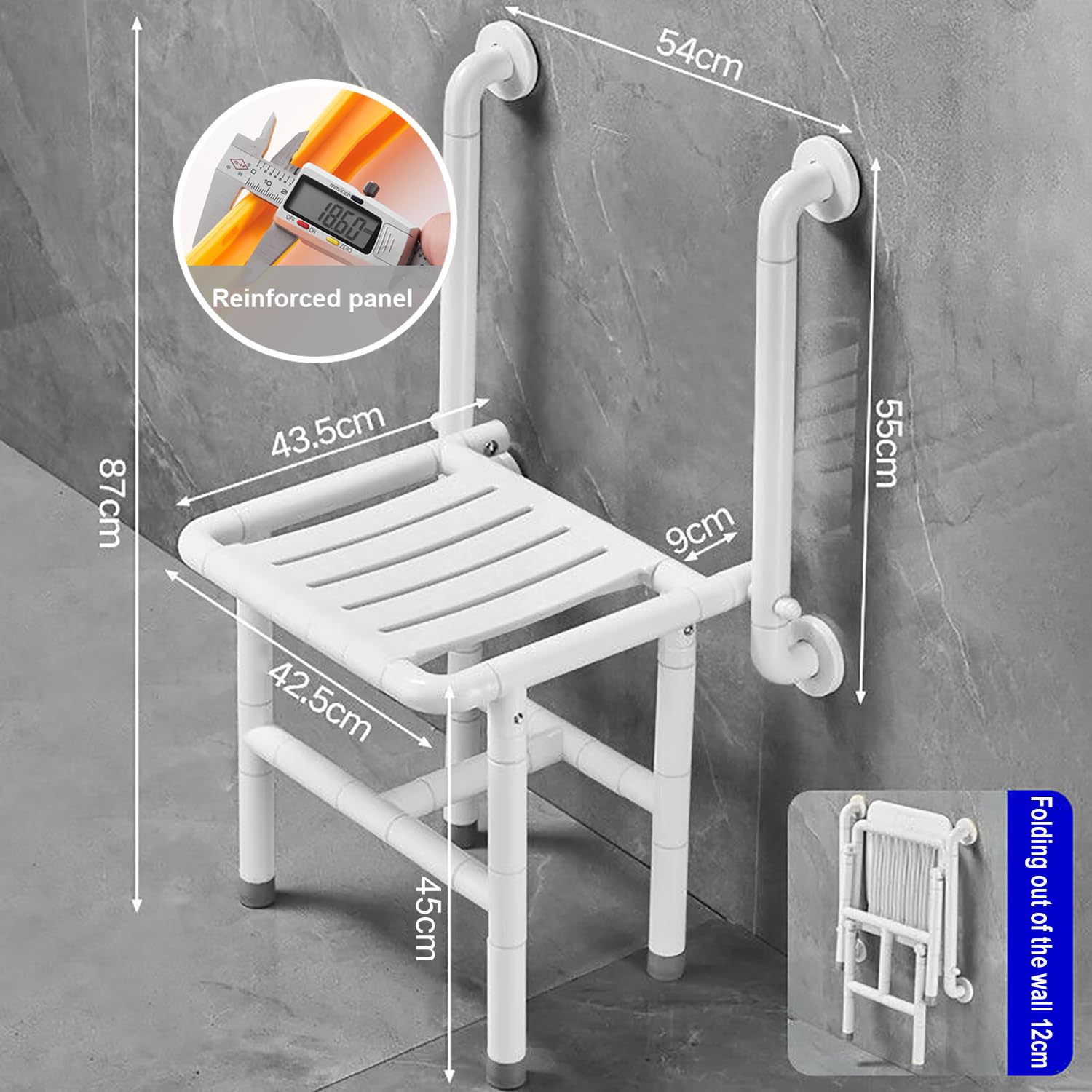 Asiento de Ducha Montado en la Pared para Personas Mayores | con 4 Patas,Plegable,Luminoso,Acero Inoxidable,Panel Reforzado,Requiere Perforación,Antideslizante,Soporta 300 kg