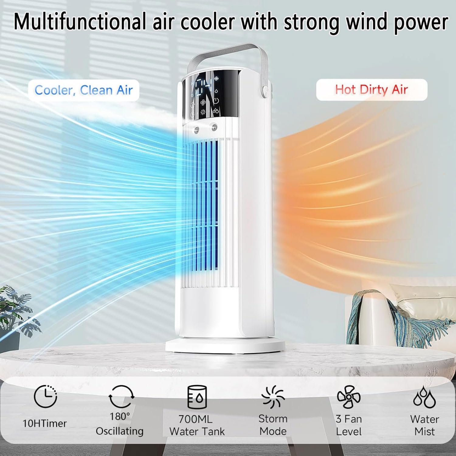 Przenośny klimatyzator z wentylatorem wieży oscylacyjnej 180°, pilot zdalnego sterowania, odświeżacz powietrza wyparnego, 3 prędkości wentylacji, cyfrowy ekran dotykowy, chłodna mgiełka, minu