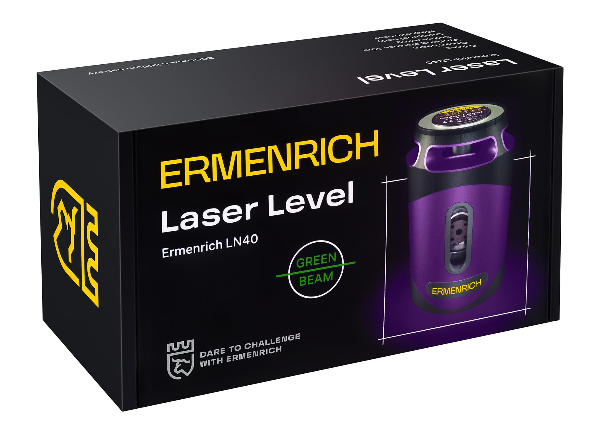 PLUS LN40 Samopoziomujący Poziomica Laserowa Tryb Impulsowy 30 m Zielona Wiązka 5 Linii — 360° — IP54 Kompaktowa Ładowalna Uchwyt w Kształcie L Typu C W Zestawie