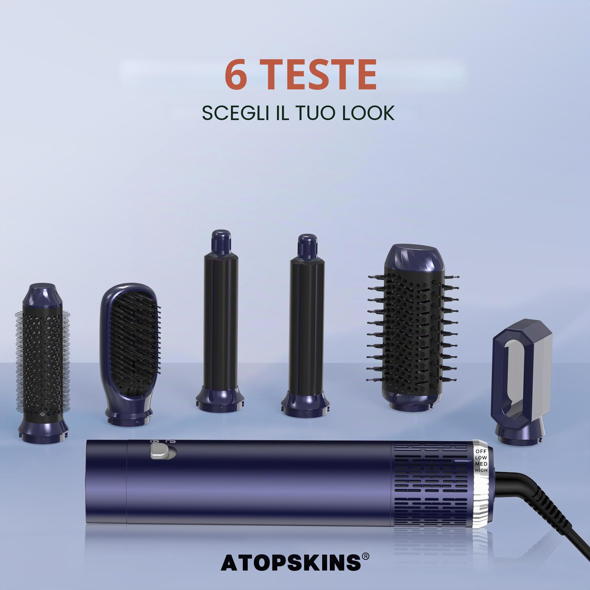 Atopskins Air styler 6 in 1 con asciugacapelli 1000 W, ferro arricciacapelli, spazzola ad aria calda, spazzola per asciugacapelli