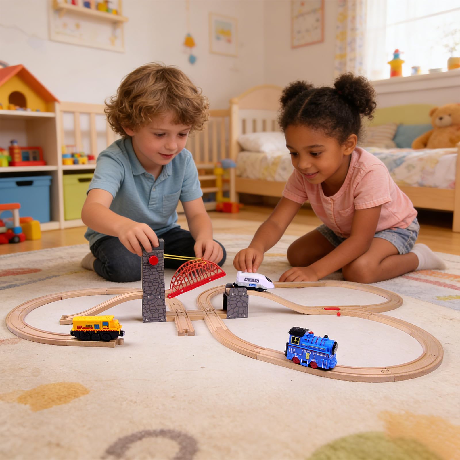 Hebebrücke für Holzeisenbahn, kompatibel mit Allen gängigen Holzeisenbahn-Systemen, Holzschienen-Zubehör, für Kinder ab 3 Jahren