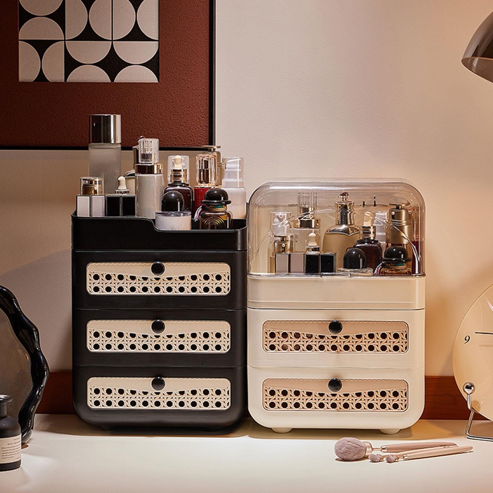 Make Up Organizer mit Vielseitigem, Transparentem Deckel – Ideal Als Aufbewahrungsbox für Kosmetikartikel auf Dem Schreibtisch Oder Der Arbeitsplatte, Cremefarben, 3-stöckig