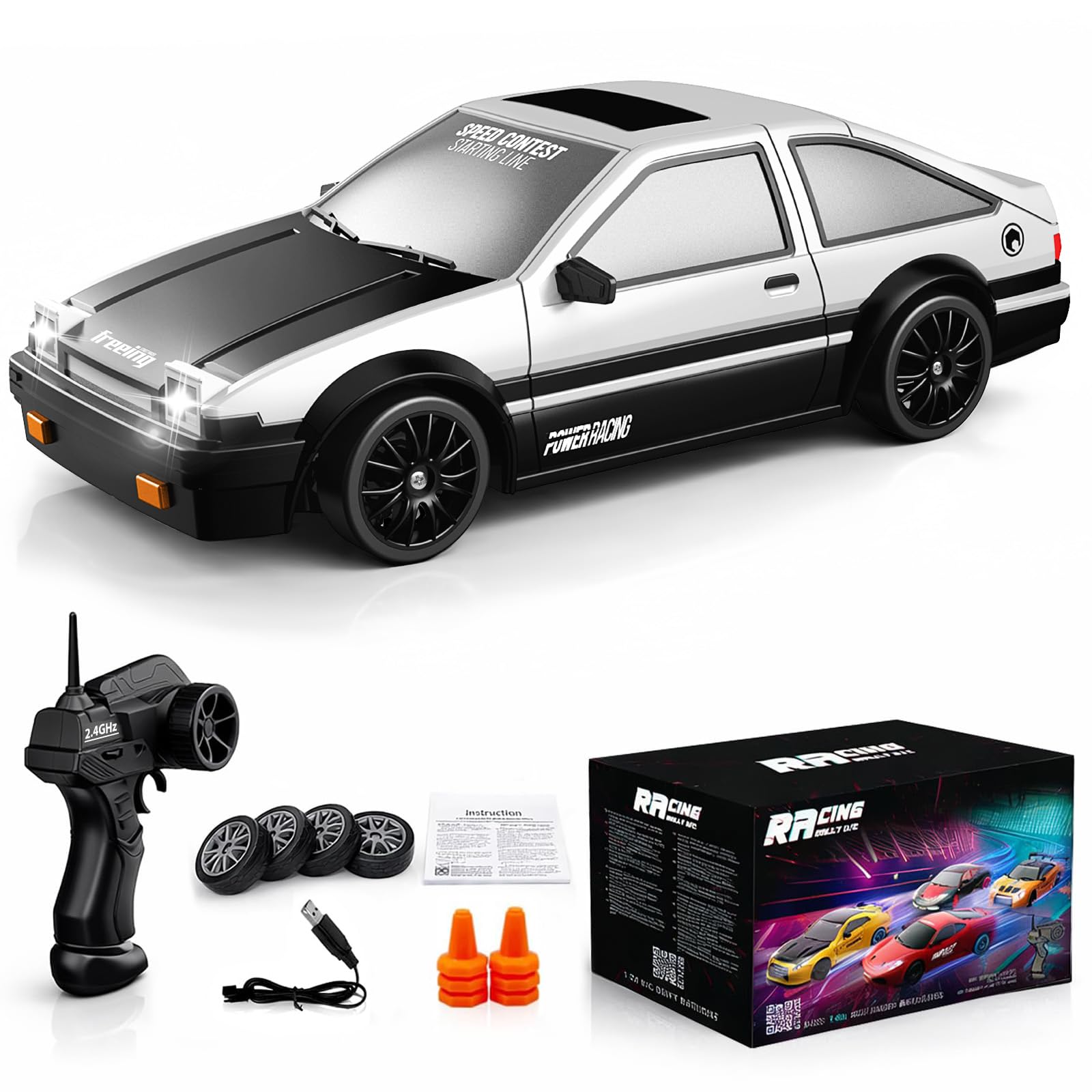 Remote Control Car RC Drift Car 2.4GHz 1:24 Scale 4WD 15KM/H High Speed Model Vehicle with LED Lights Drifting Tire Racing Sport Toy Car for Adults Boys Girls Kids Gift