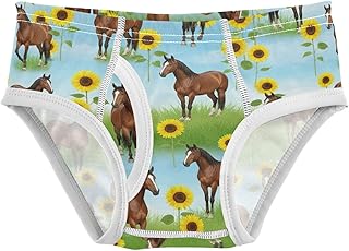 Ropa interior para niños con diseño de caballos marrones, girasoles amarillos, de algodón, transpirable, estampada, ropa interior