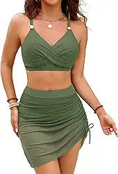 Conjunto de biquíni de cintura alta para mulheres, roupa de banho com controle de barriga, duas peças, saia de banho estilo sarongue modesto