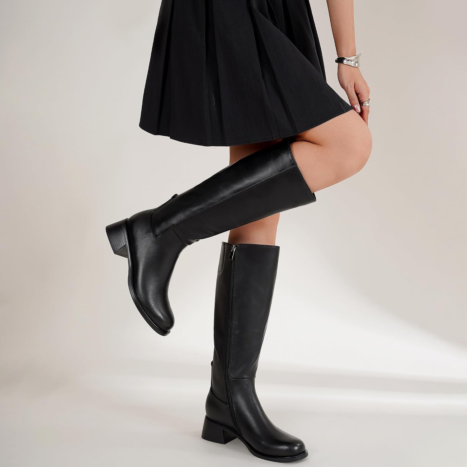 LanreyTaley Leather Boots Women Knee High Boots Low Block Heel Round Toe Side Zipper Fall Long Boots