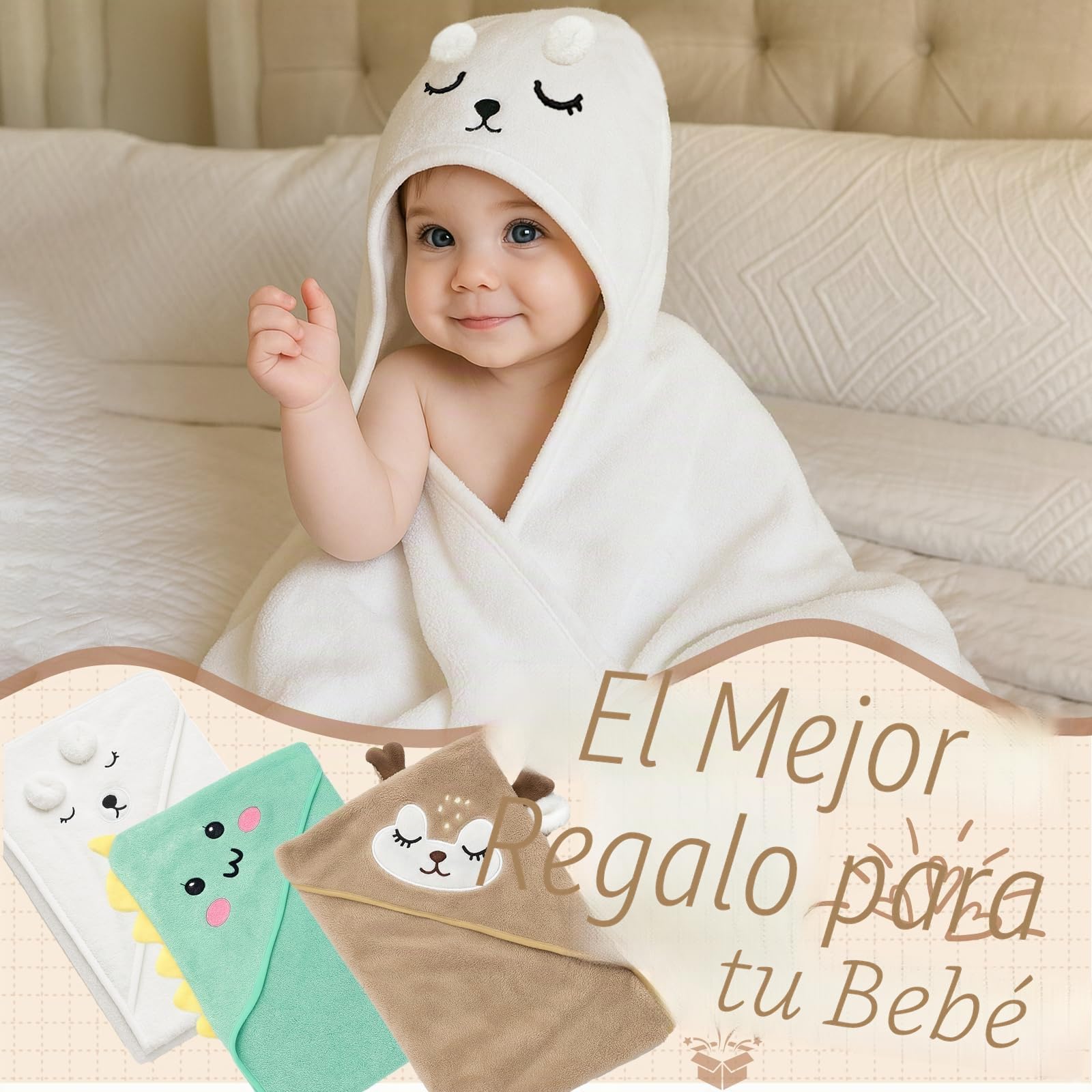 kaiyaya 3 Piezas Toalla Bebe Recien Nacido 80 x 80cm Toallas Bebe con Capucha, Suave y Súper Absorbente Toalla Baño Bebes para Piscina, Playa, Después de Ducharse o Bañarse
