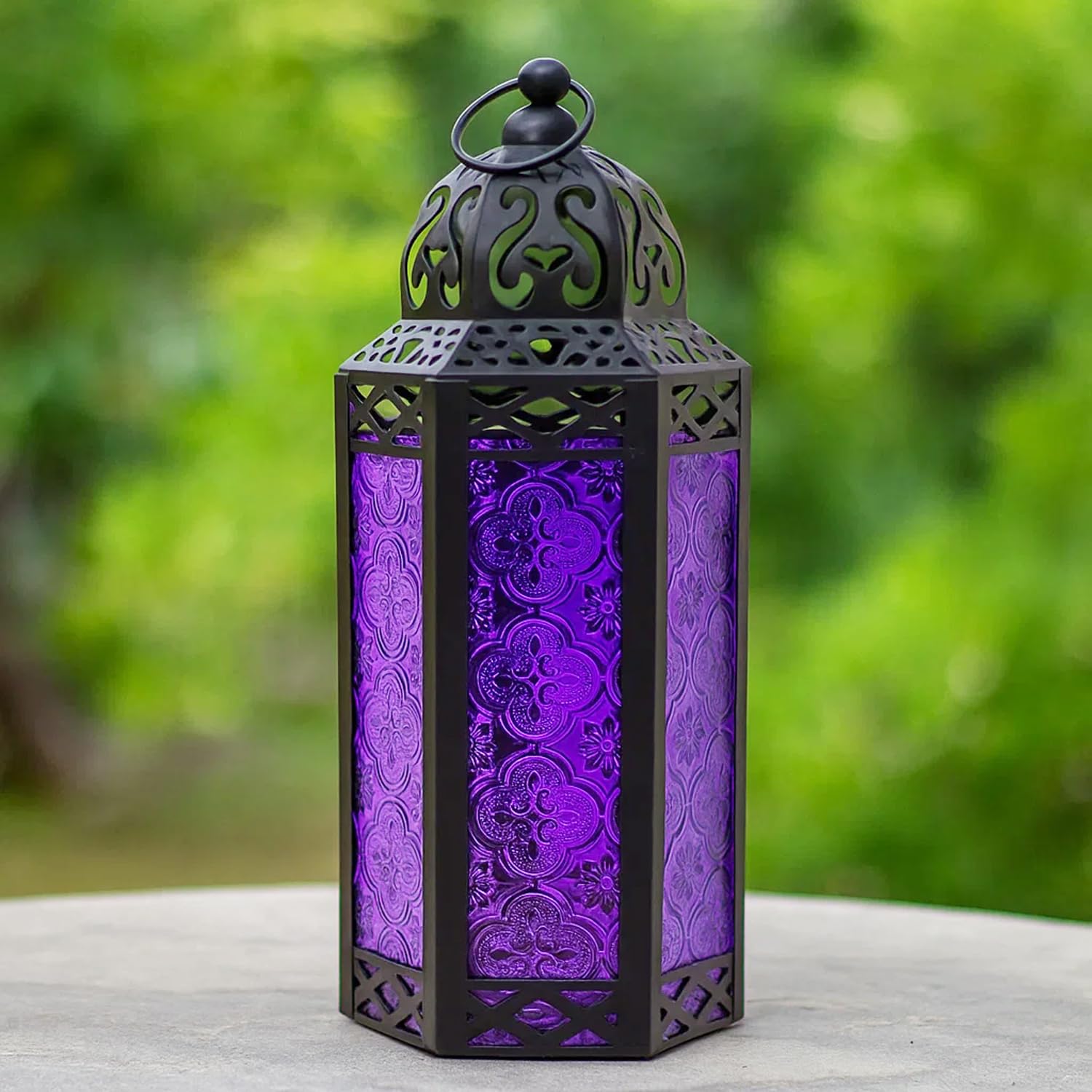 VELA LANTERNS Moroccan Candle Lantern Decorative Candle Holder Lamp for Indoor Outdoor, Ramadan, Home Decor, Patio, Weddings, Black Metal, Purple Glass, Medium Lantern