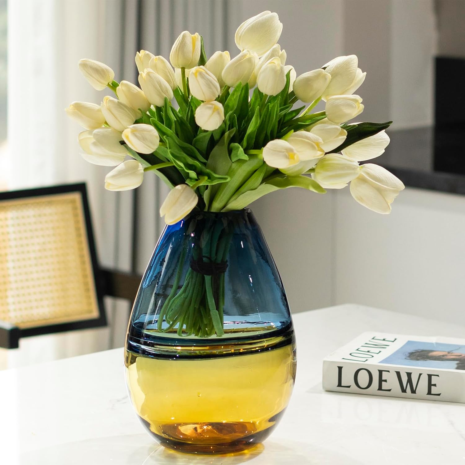 Glass Handmade Decorative Vase Ombre Centerpiece Vase with Yellow Base, Flower Vase for Home Decoration (Tall vase)