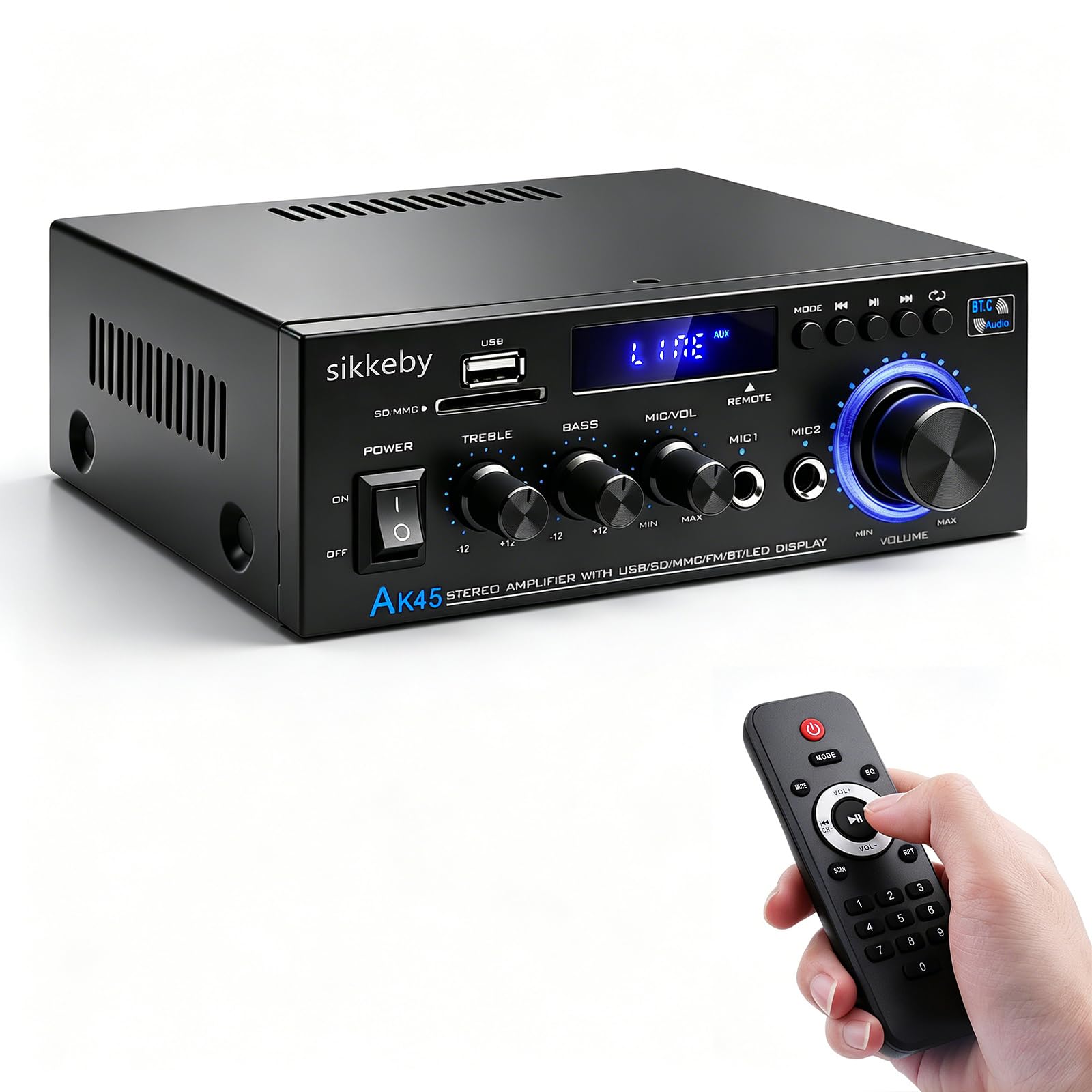 HIFI-Amplificateur,600W Mini récepteur amplificateur audio stéréo Bluetooth,AK45 2-canaux numérique amplificateur audio 12V/220v avec Radio FM,entrée de carte SD/USB pour la maison ou la voiture