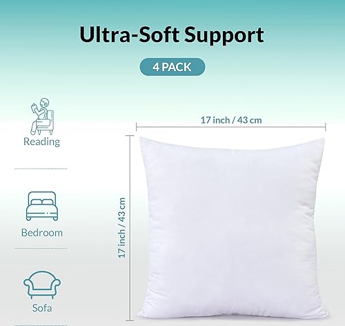 Miniatura 2 de ROYALE LINENS Paquete de 4 rellenos de almohada de 17 x 17 pulgadas, almohada cuadrada, almohada para cama y sofá, inserto de almohada decorativa,
