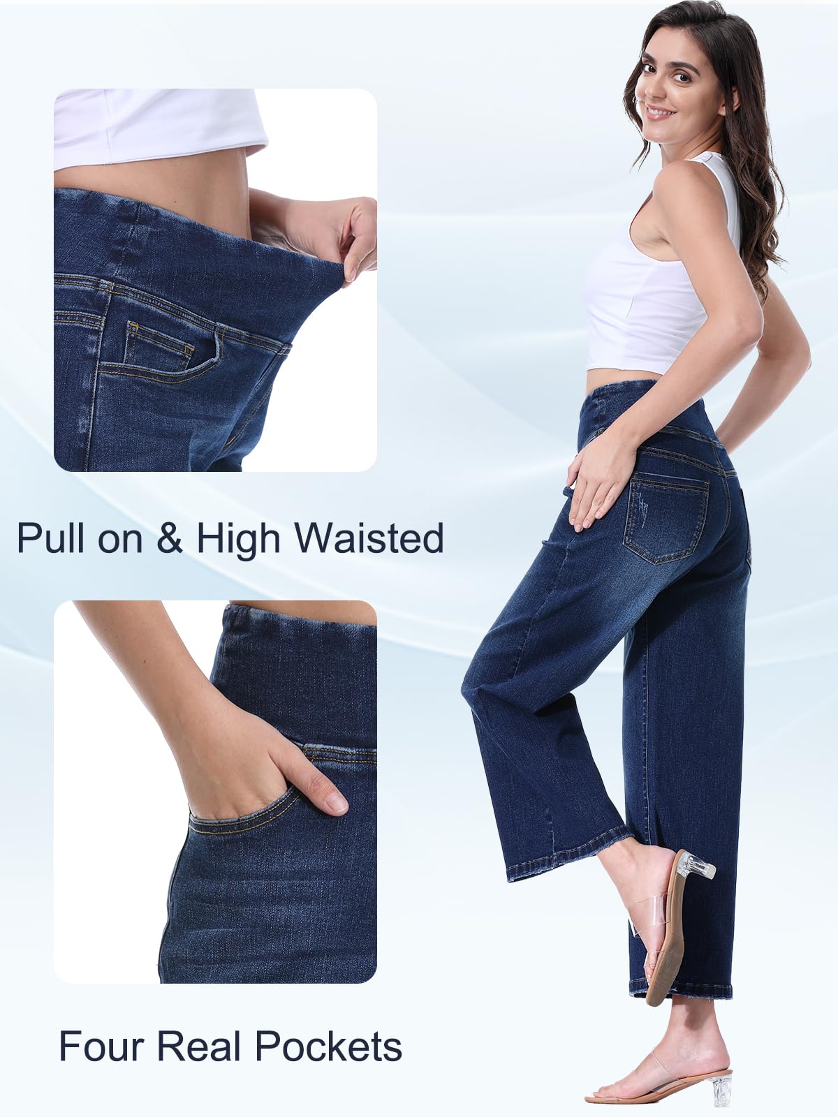 Vaqueros Mujer Elásticos, Tiro Alto con Control de Vientre, Pantalones Anchos de Pierna Recta Crop Elegantes
