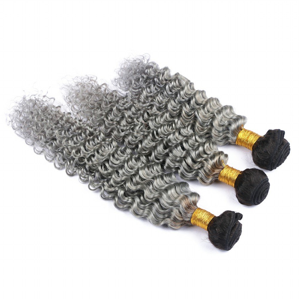 Cloud Hair Two Tone Color Silver Grey Deep Wave Brazilian Virgin Hair Extensions 3Pcs Unprocessed Ombre 1B Grey Deep Wave Hair Weft 3Bundles 10-30 Inch (16 18 20 inch)