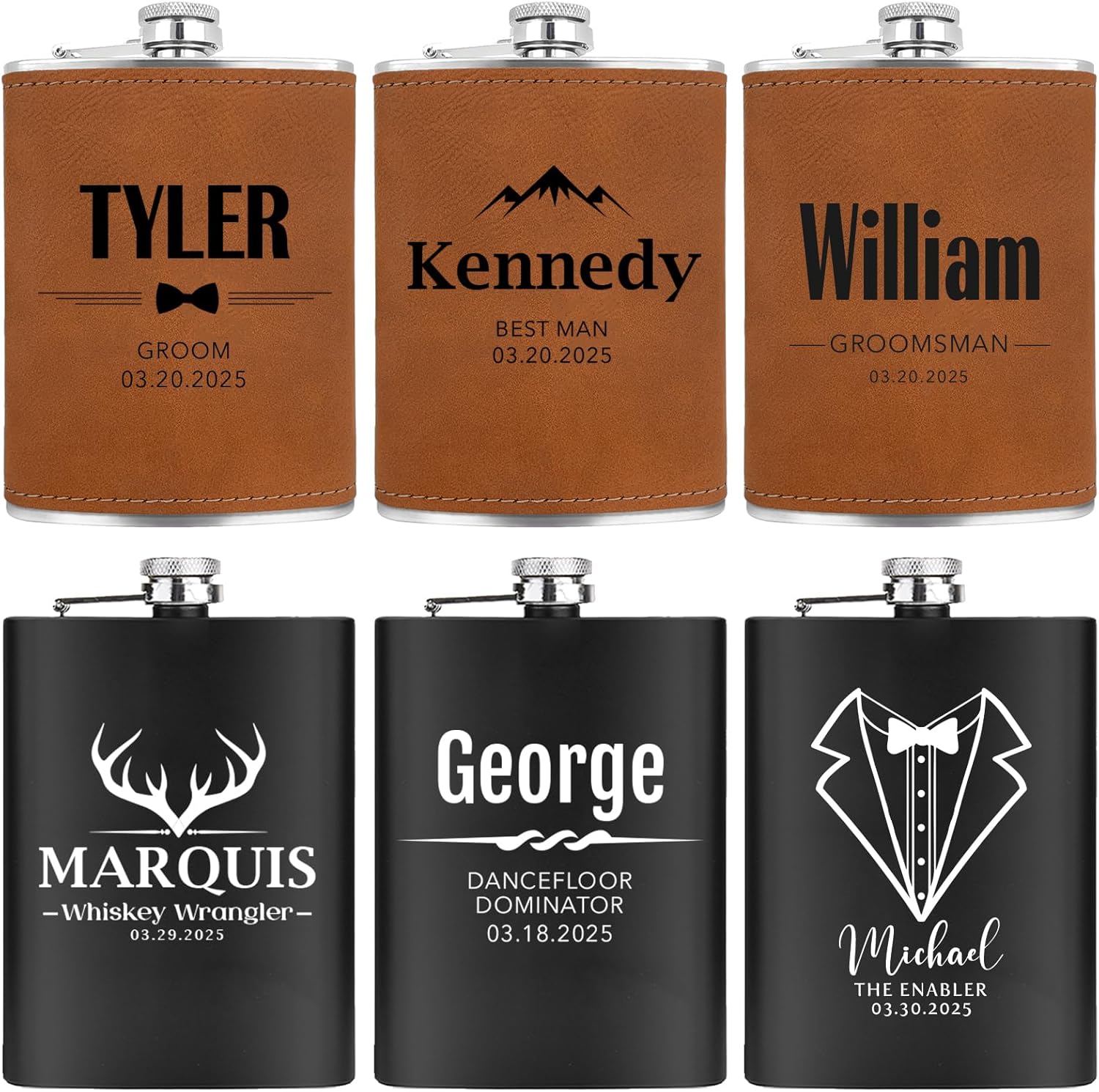 CARAKNOTS Flasks for Liquor for Men Personalized Groomsmen Gifts Groomsmen Proposal Gift Engraved Leather Custom Whiskey Hip Flask for Wedding Bachelor Best Man Usher 8 oz Stainless Steel 1 Pcs