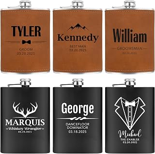 CARAKNOTS Flasks for Liquor for Men Personalized Groomsmen Gifts Groomsmen Proposal Gift Engraved Leather Custom Whiskey Hip Flask for Wedding Bachelor Best Man Usher 8 oz Stainless Steel 1 Pcs