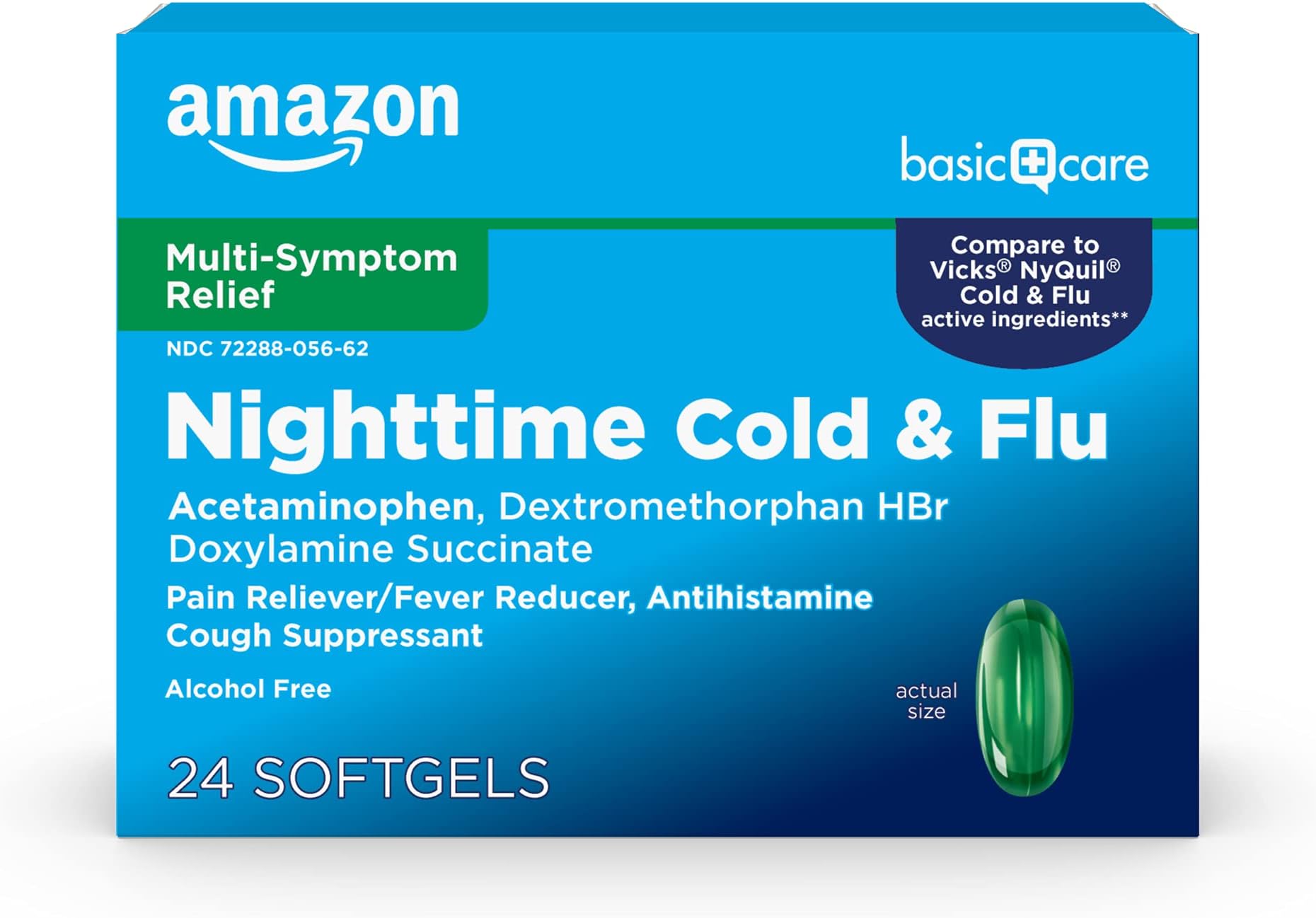Amazon Basic Care Nighttime Cold & Flu Relief, Pain Reliever, Fever Reducer, Multi-Symptom, Sore Throat, Cough, Runny Nose, 24 Softgels