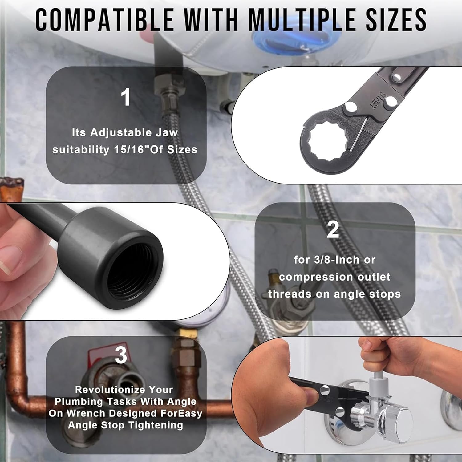 Garosa Angle Stop Wrench for Faucet Repair Steel Plumbing Tool Compatible with 3/8 Inch and 1/2 Inch MPT Compression Outlet Threads Pipe Installation and Removal Tool