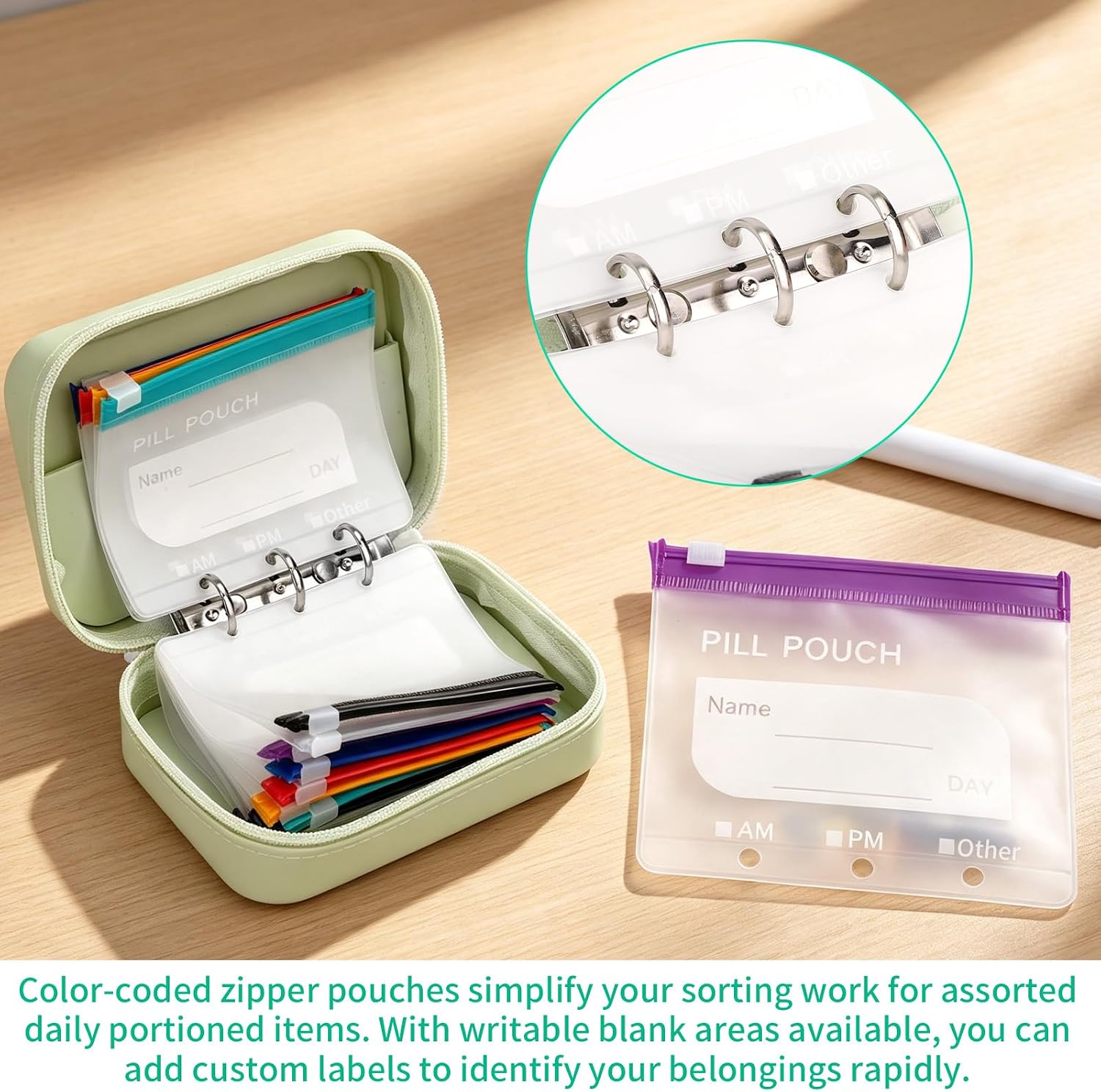 BOXOB Waterproof Pill Storage Pouch Set with 14 Color Pouches (Green)