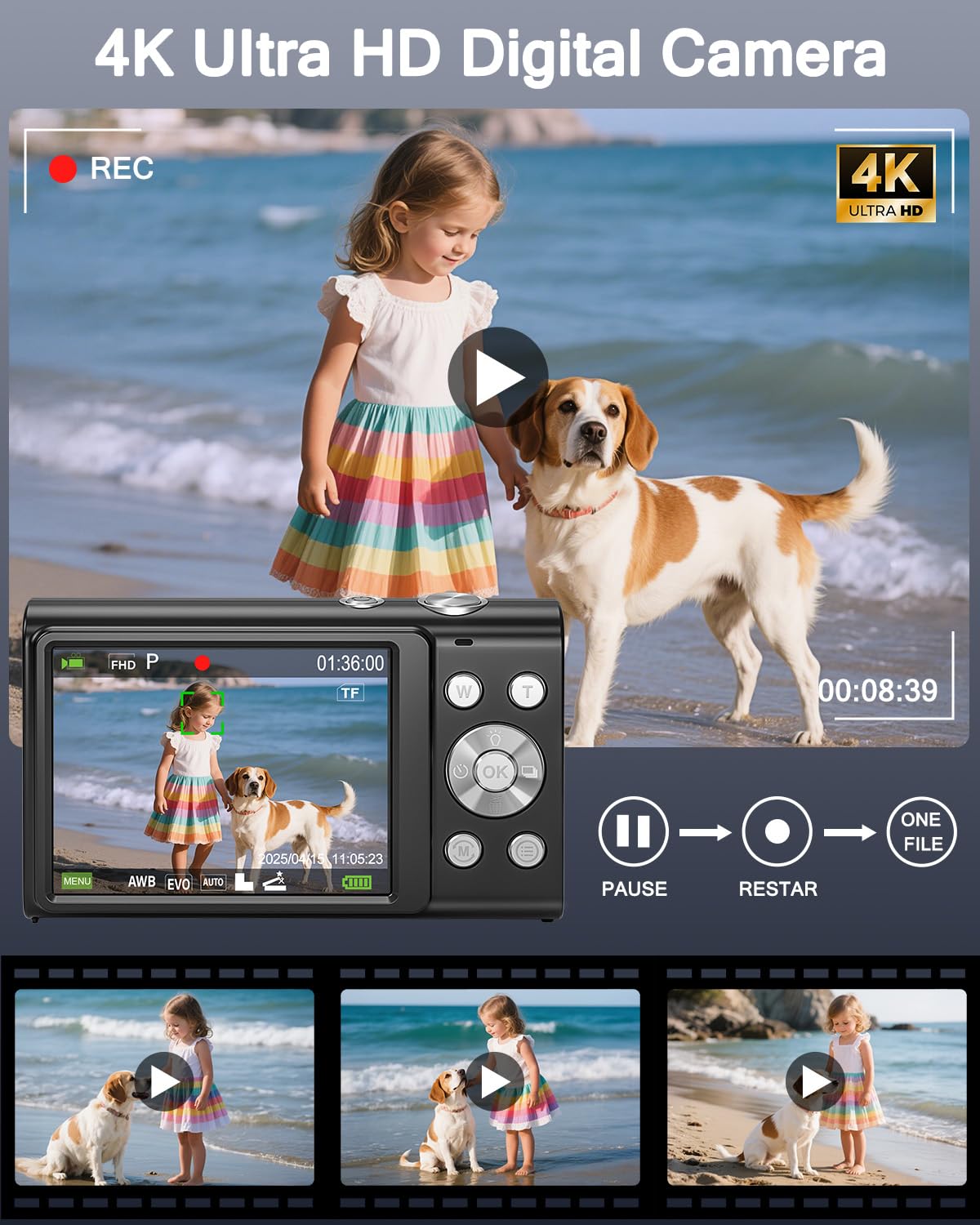 4K HD Cámara Digital 48MP Autofocus Cámara de Fotos con Tarjeta SD de 32 GB, Cámara Compacta Zoom 18X y 2 Baterías, Recargable Compacta Portátil Cámara para Principiantes