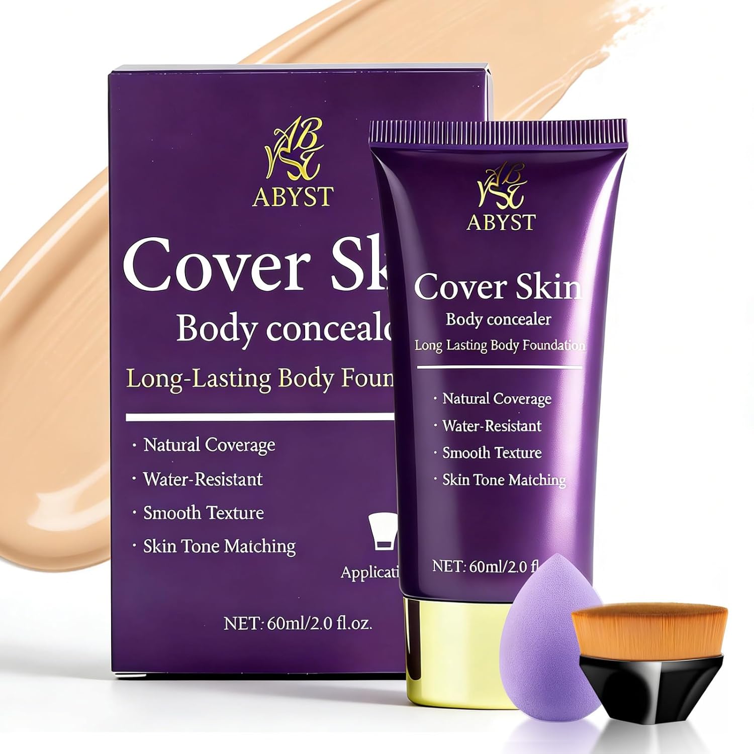 Body Coverage Perfector - Waterproof Body Makeup with Brush & Marshmallow Puff - No Transfer, Full Coverage for Tattoos, Scars, Veins (2.0oz Natural Beige)