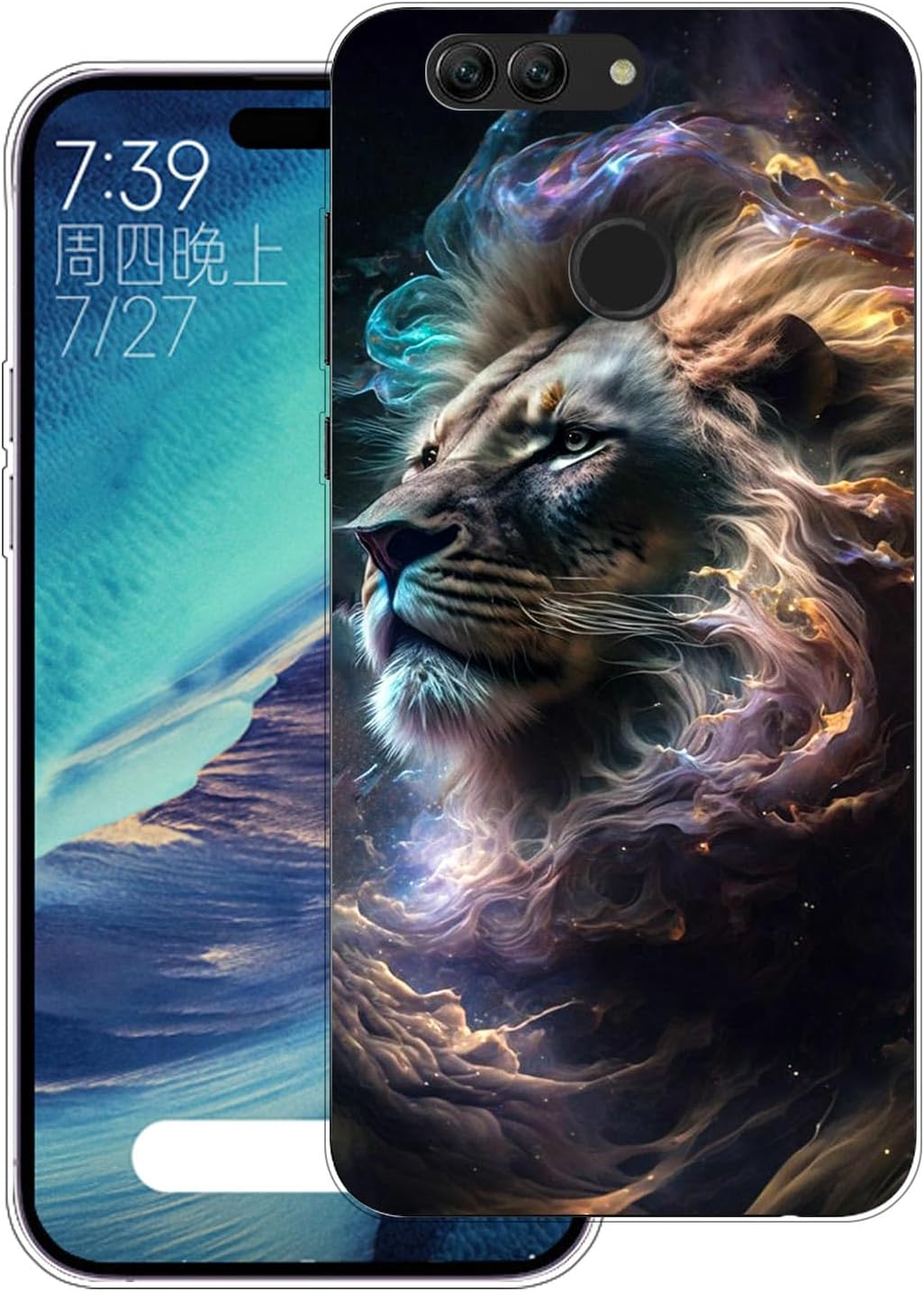 Case Compatible with Huawei nova 2 Plus,Transparent Soft Bumper Phone Cover Clear Cases Shockproof TPU Silicone Bumpers Anti-Scratch Pattern-(Lion)