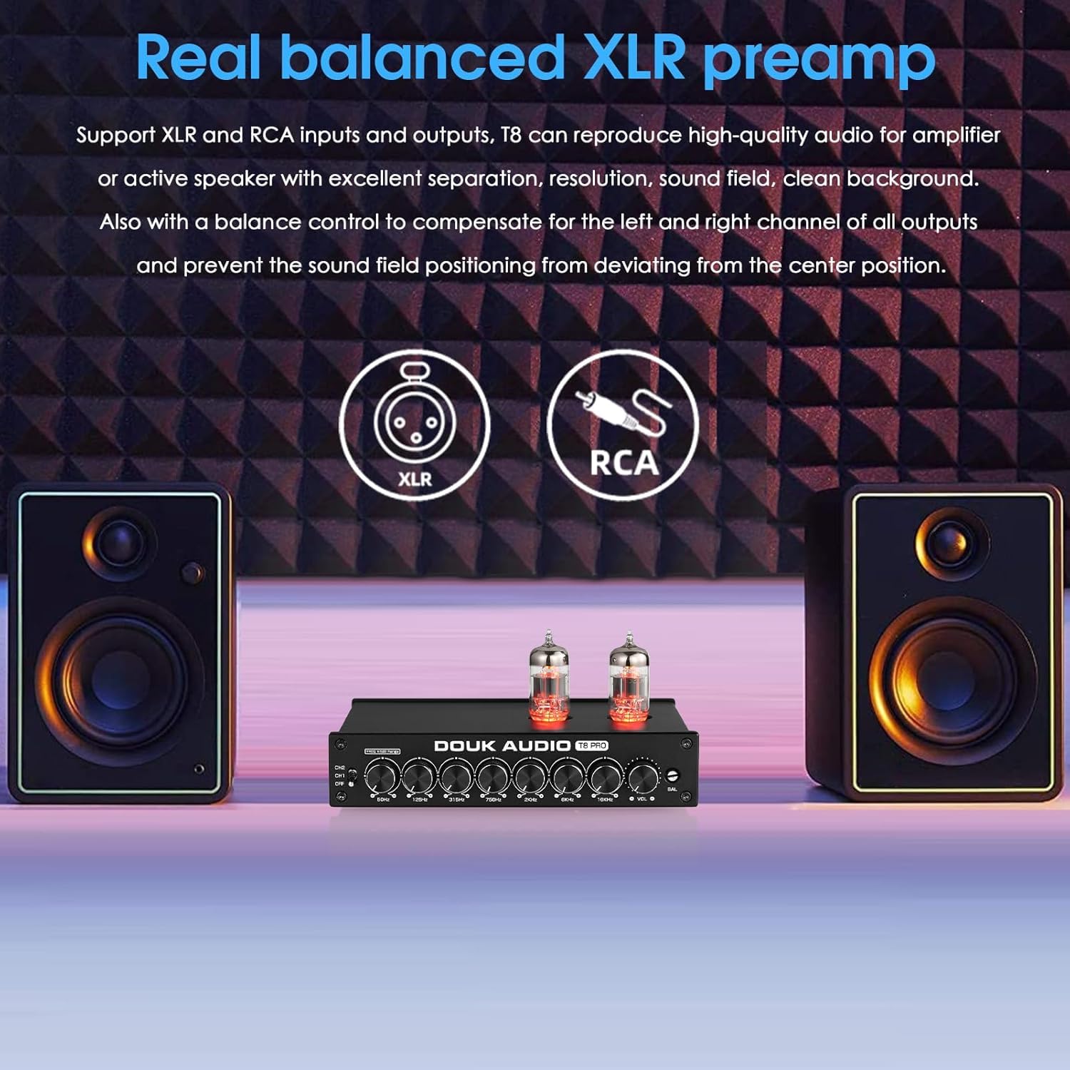 Preamplificador Ecualizador de 7 Bandas con válvulas de vacío Douk Audio HiFi y preamplificador XLR para el hogar (T8 Pro)
