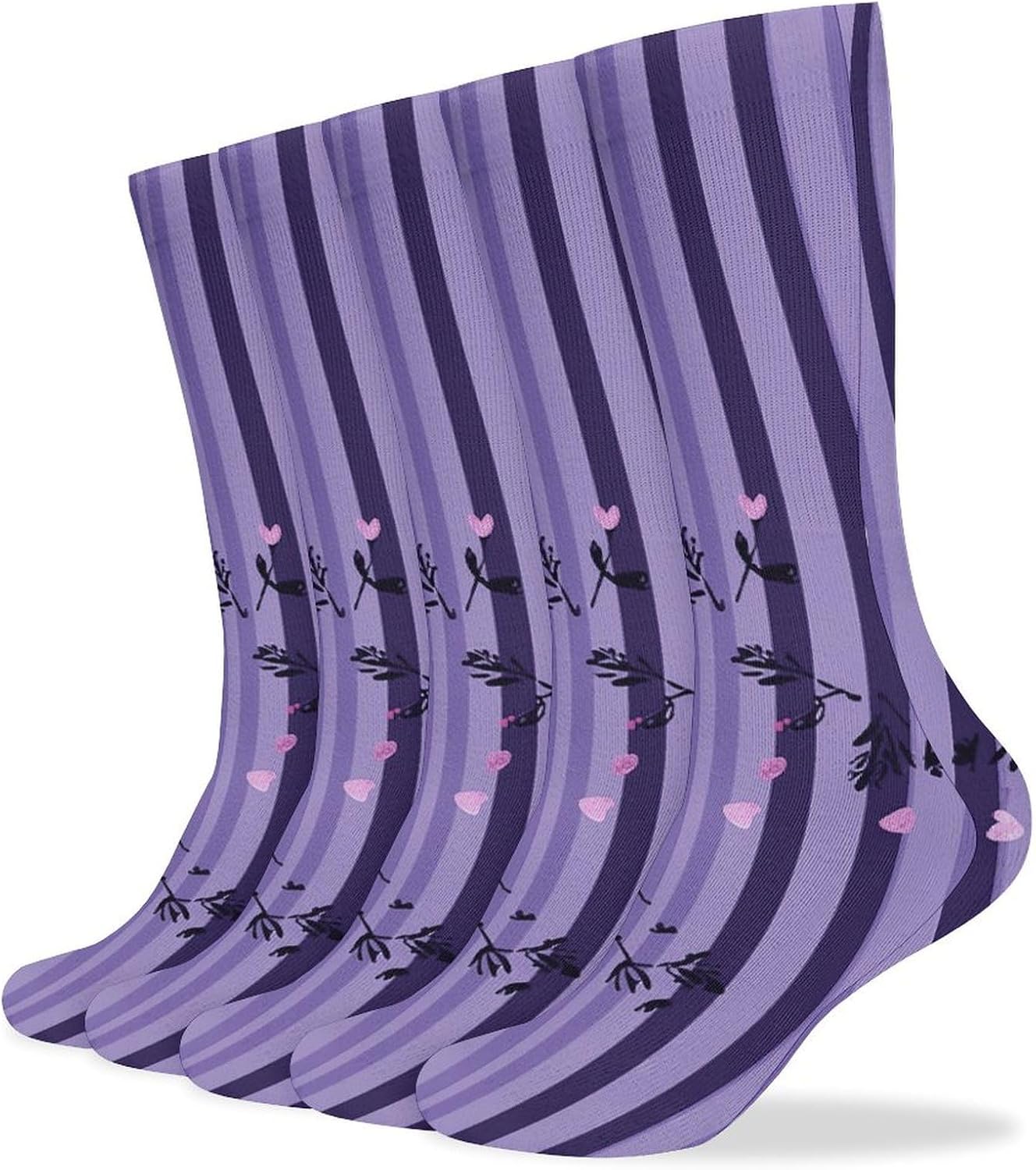 Purple Striped Panda Crew Socks Cozy Casual Calf Socks Lightweight Long Work Sock Breathable Athletic Sock for Hiking Sports Running 5 Pairs