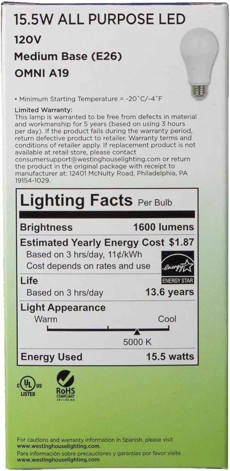 Westinghouse 5079000 100-Watt Equivalent Omni A19 Daylight LED Light Bulb with Medium Base,Soft White