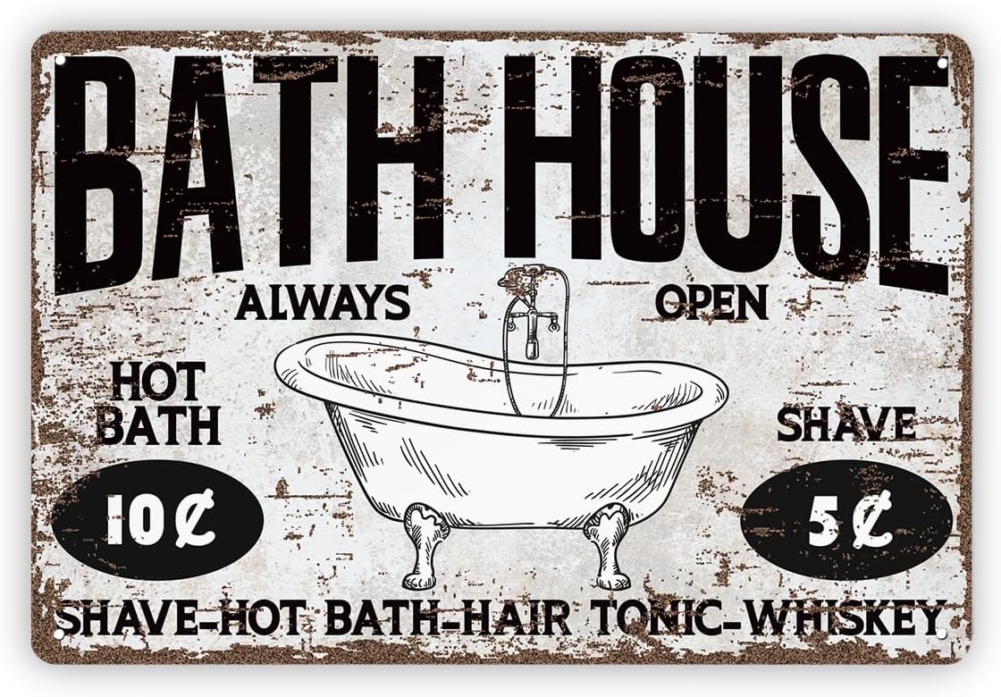 Vintage Metal Tin Signs, Bath House Sign, Bathroom Decor, Country Rustic Bathroom Decor Gift Sign, Farmhouse Wall Decoration, Indoor or Outdoor, Housewarming Gift, 11.8 * 7.9Inch