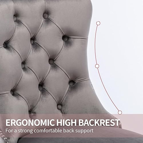 Miniatura 5 de Juego de 4 sillas de cocina modernas de terciopelo gris con anillo trasero, con patas de clavo, patas de madera maciza, tapizadas, sillas de mesa