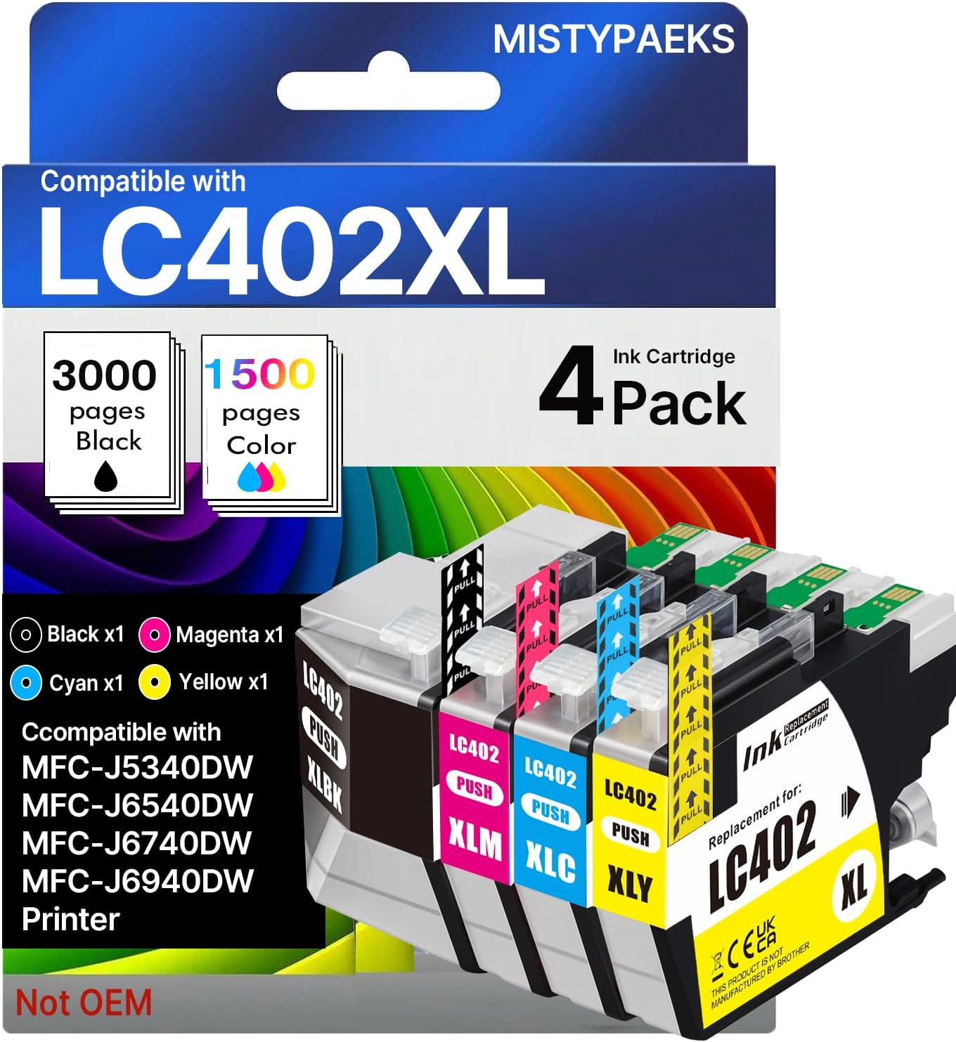 LC402XL LC402 Ink Cartridges Replacement for Brother LC402 XL Ink Cartridges for Brother Printer MFC-J5340DW MFC-J6540DW MFC-J6940DW Printers, High Yield(4 Pack, BK/C/M/Y)