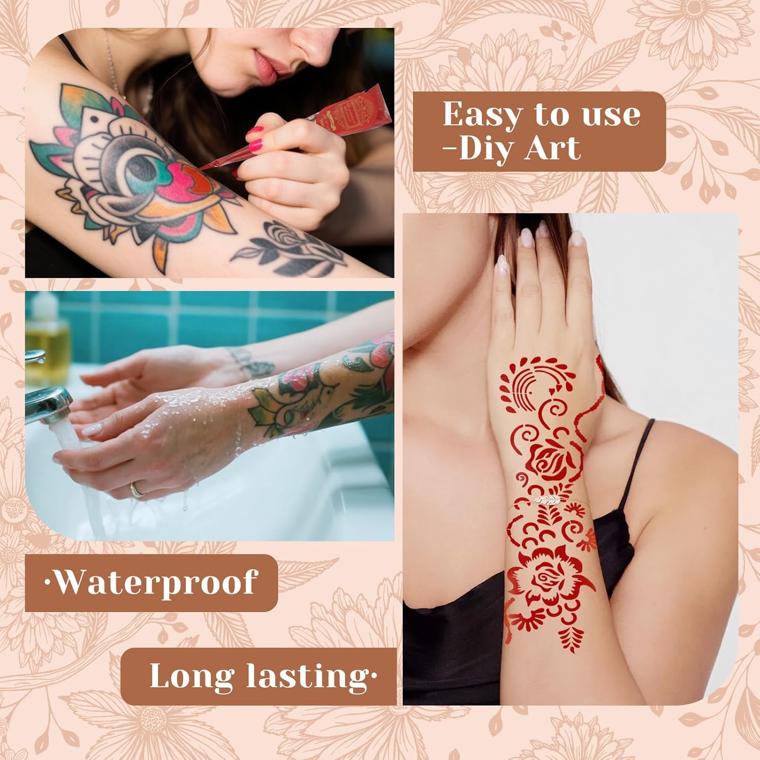 255 Pcs Temporary Tattoo Kit with 9 Colors Tattoo Cones, Large 18 Sheets Temporary Tattoo Stencil, Designed Tattoos Pattern for Kids Adults,Body Art DIY Skin Painting Gifts Set for Party Festival