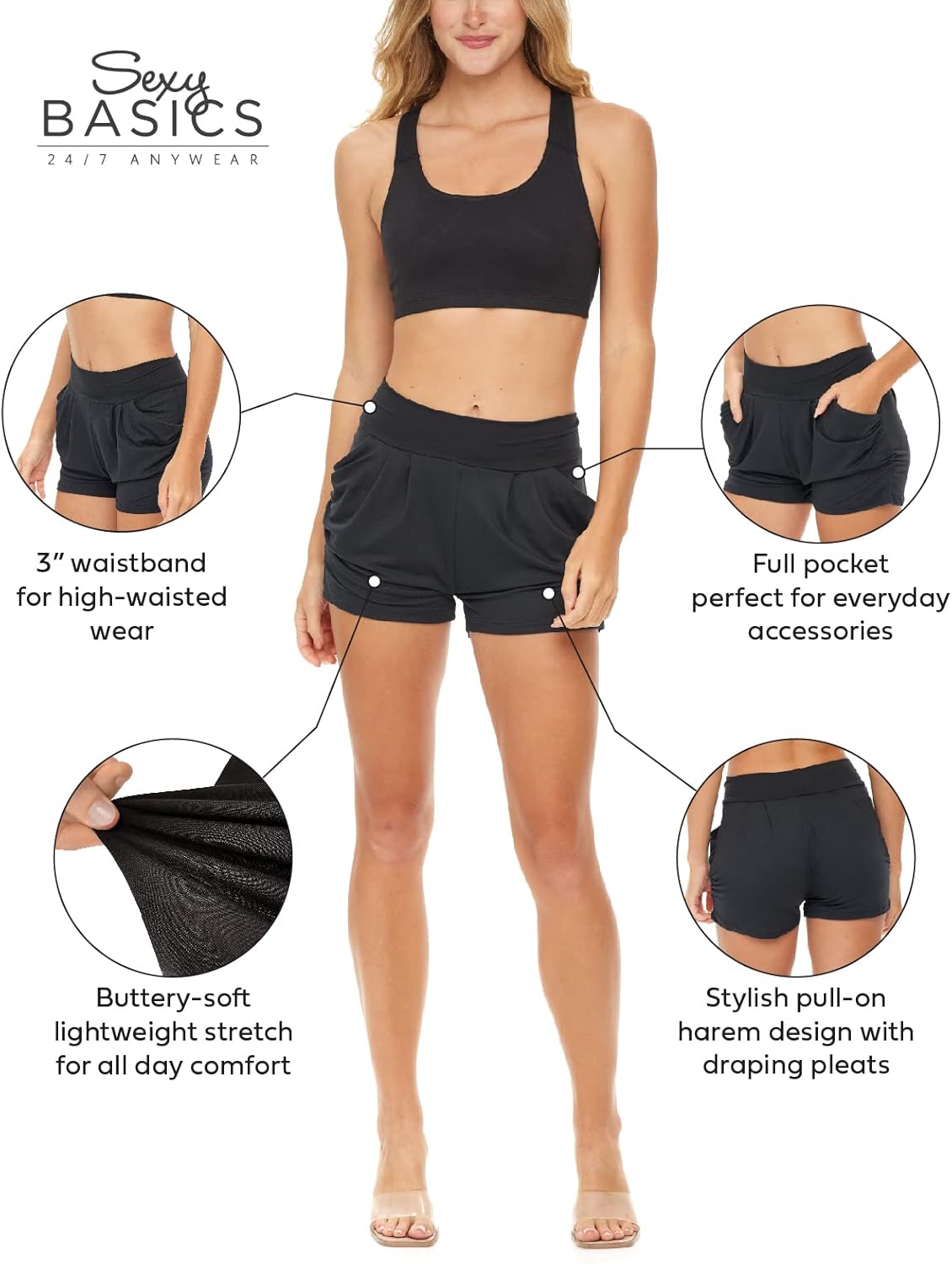 Sexy Basics Womens 6 Pack Ultra Soft High Waisted Harem Shorts with Pockets - Image 5