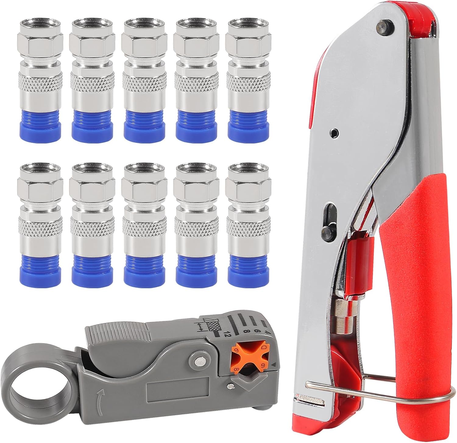 10Pcs F Type RG6 Compression Connectors Coaxial Cable Crimper Kit with Wire Stripper Repair Tool Compatible with RG59, RG6, RG11 Compatible Adjustable Tool for Satellite TV, Home Use