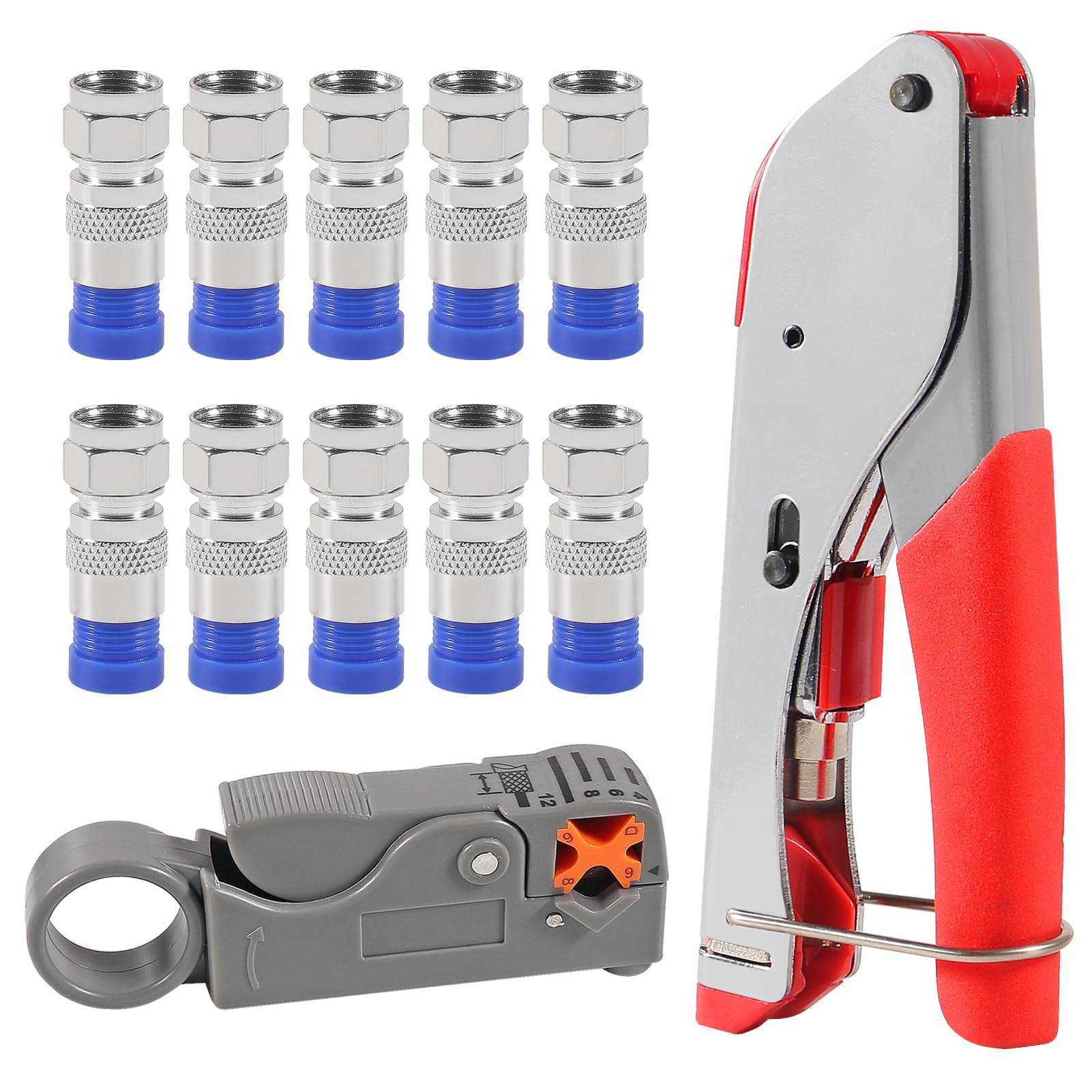 View 1 of 10Pcs F Type RG6 Compression Connectors Coaxial Cable Crimper Kit with Wire Stripper Repair Tool Compatible with RG59, RG6, RG11 Compatible Adjustable Tool for Satellite TV, Home Use