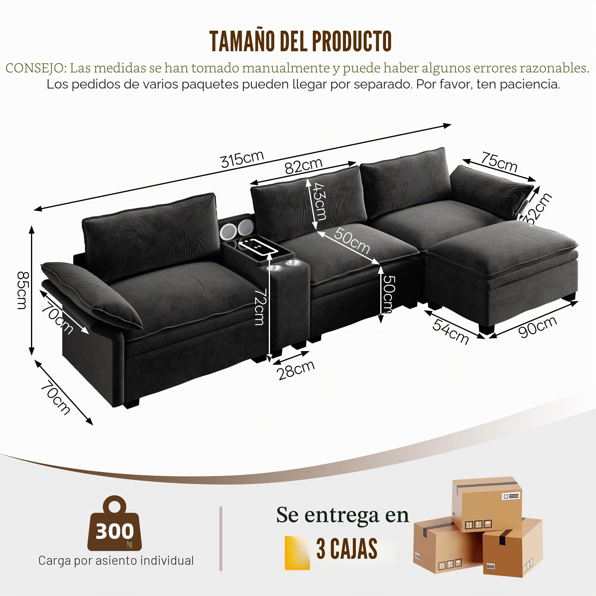 Sofá modular en L de 315 cm con otomano, chenilla Cloud sofá con espacio de almacenamiento, carga inalámbrica, altavoz Bluetooth, luz ambiental y 2 soportes para bebidas, 4 plazas para salón y oficina