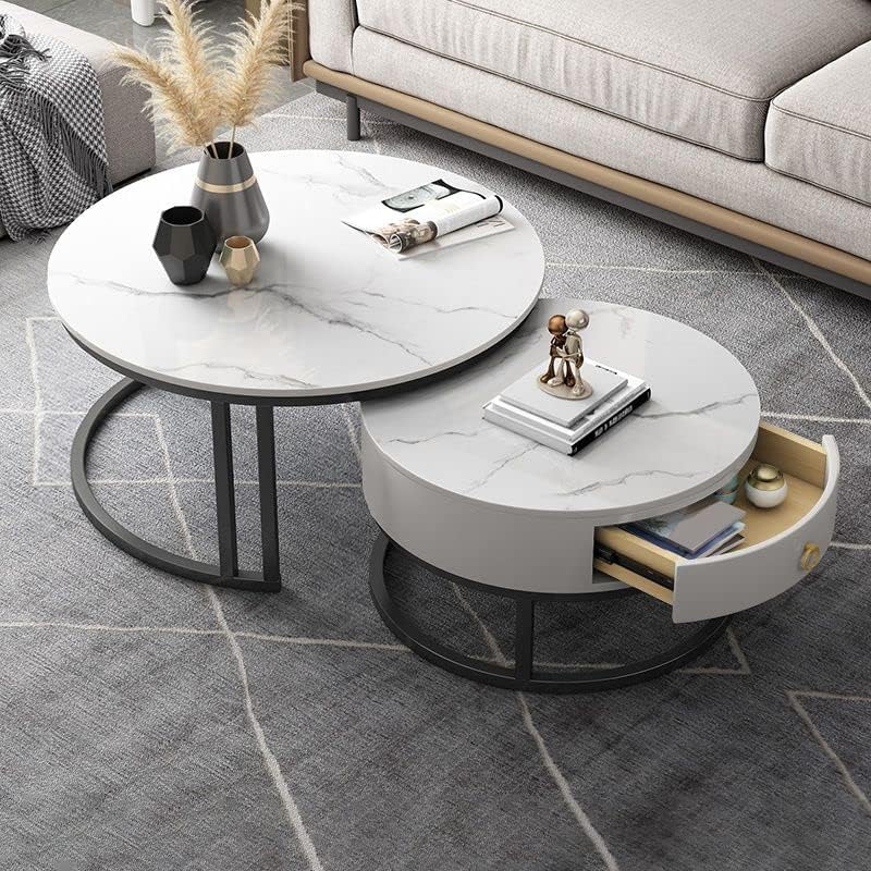 CraftThink Coffee Table Set, Contemporary Round Nesting Table Side Table End Table Stone Frame Without Drawers for Living Room, 31.5"L x 31.5"W x 18"H + 23.5"L x 23.5"W x 15"H (Grey White & Gold）