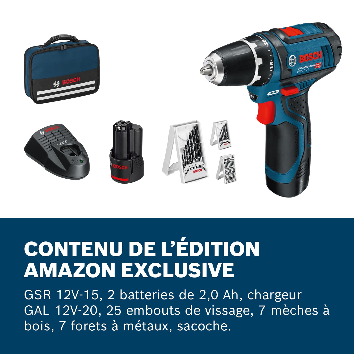 Bosch Professional 12V System perceuse-visseuse sans-fil GSR 12V-15 (avec 2 batteries 2,0 Ah, chargeur, set d’accessoires 39 pièces, sacoche d’outils) - Set Amazon Exclusive