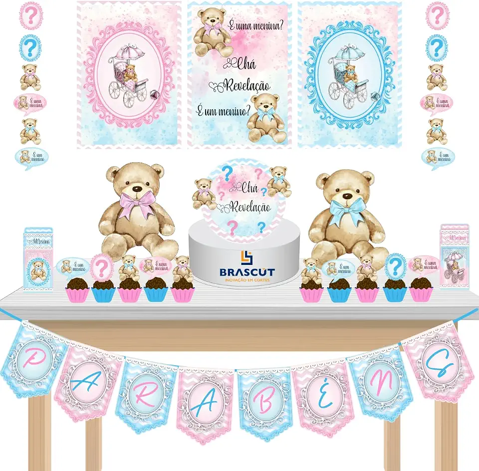 Kit Festa Só um Bolinho Chá Revelação Ursinho Urso Mesversario 36 itens