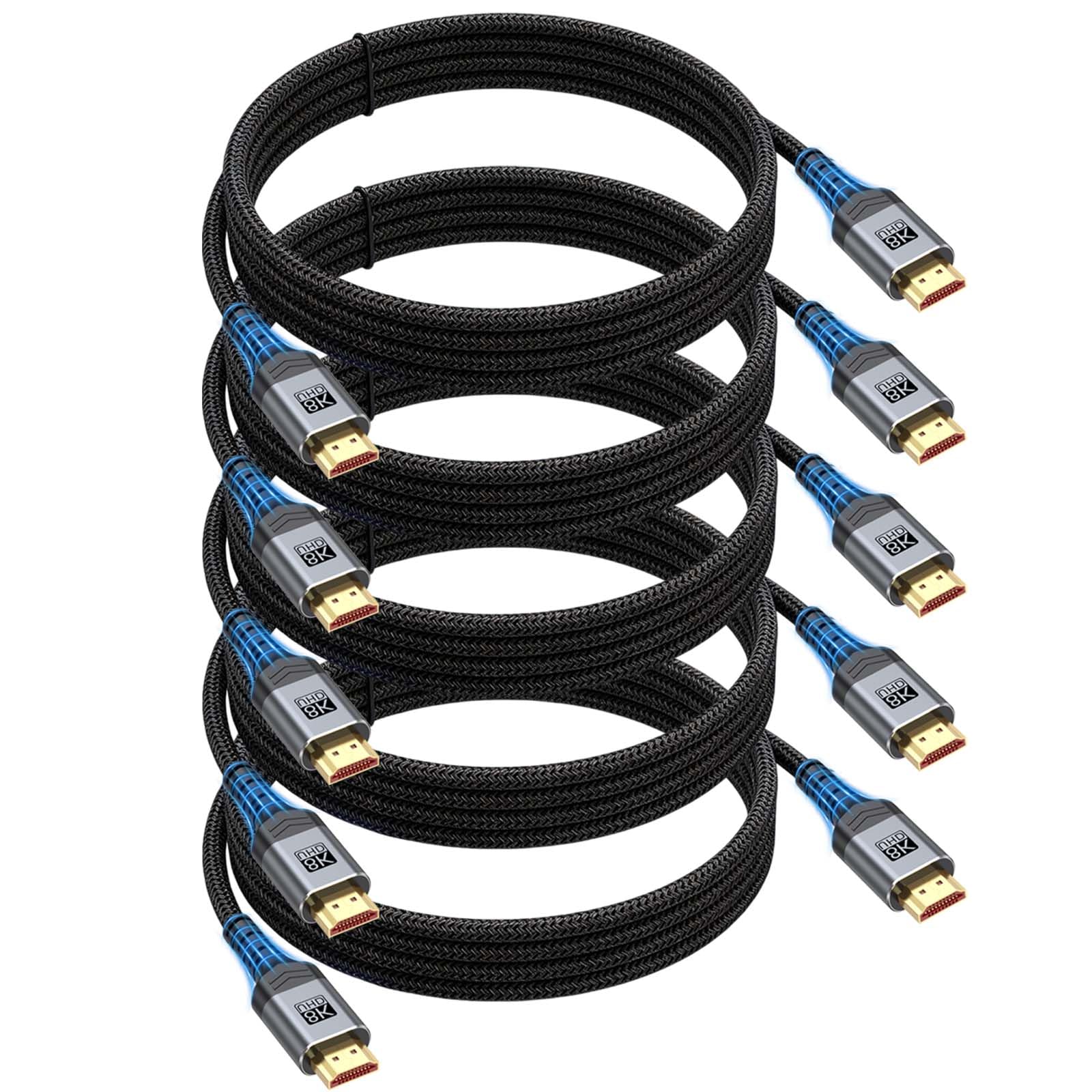 Lot de 5 câbles HDMI 2.1 8K de 1,8 m, 48 Gbit/s ultra haute vitesse, 4K @ 120 Hz/144 Hz, 8K @ 60 Hz, HDR10, eARC, HDCP, HDR10, pour PC, PS5, Xbox Series X, ordinateur portable, moniteur, TV HD, Roku