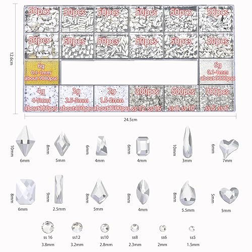 Miniatura 29 de Rhinestones Kit 9080Pcs Champagne Crystal Multi-Shape Flatback for Nail Decoration - Hearts Mix Size, Metal Beads, Pearl Gold Silver With Glue Gel