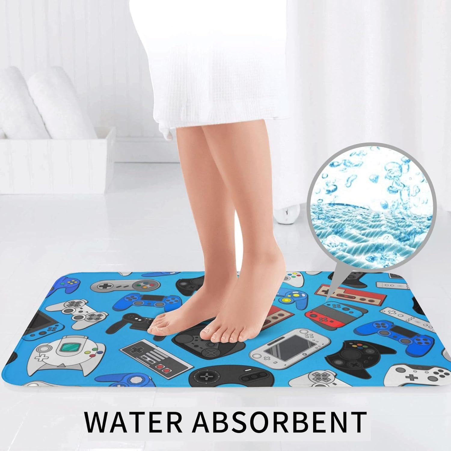 Video Game Controller Blue Background 3 Piece Bathroom Rugs Set, Bath Mat + Contour Mat + Toilet Seat Cover, Non-Slip Soft Microfiber Bathmat for Tub Shower Room Decor, Machine Washable