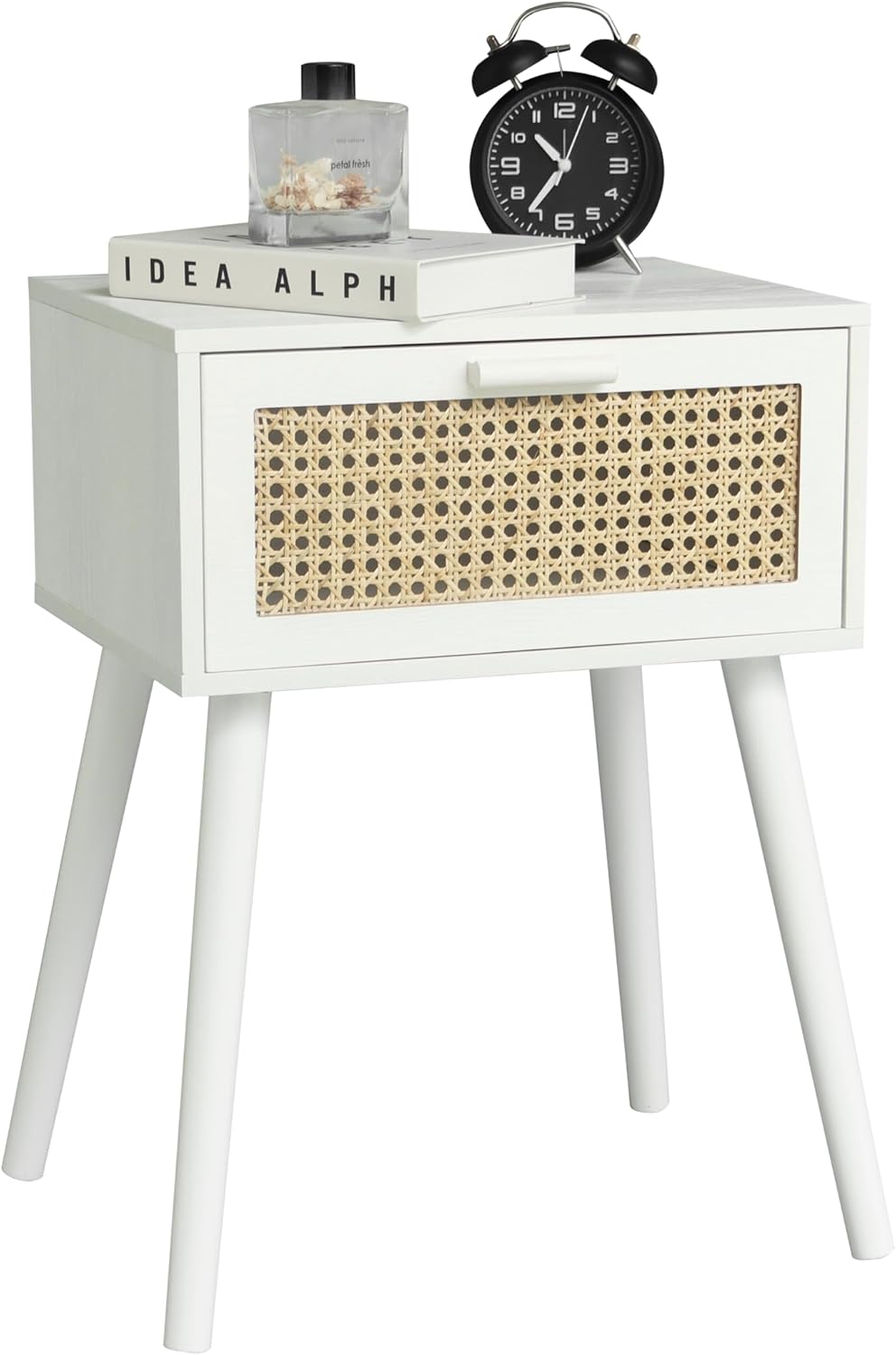 AWASEN White Rattan Nightstand, Modern Bedside Table with